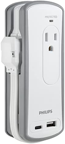 Philips 2-Outlet Utazási túlfeszültségvédő, 2 USB 1A/1C, 5V/3.4, 300J, 1 Ft, Szürke/Fehér, SPP2111WA/37
