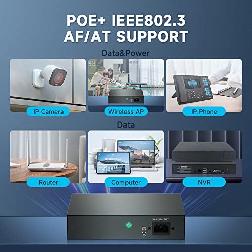 Davuaz 8-Port Gigabit PoE Switch, IEEE802.3af/at Kompatibilis, Akár 120 w-os, Fém Design, Nem felügyelt Power Over Ethernet