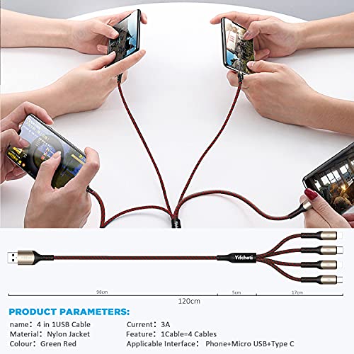 [ 2Pack 4FT] Multi Töltő Kábel Fonott Nylon Univerzális 4 az 1-ben Több USB Kábel-Gyors Töltés ,Dual Telefon/USB-C/Micro-USB