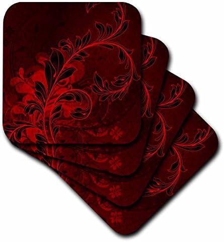 3dRose CST_78074_3 Nagy Elegáns Piros Leveles Virágzik Ellen Egy Mély Piros Damaszt Minta-Kerámia Alátétek, Készlet 4